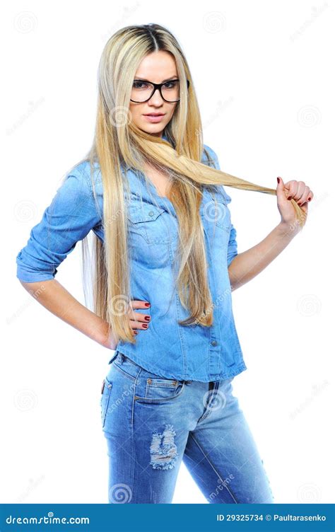 Young Beautiful Girl Wearing Glasses While Posing Isolated On White