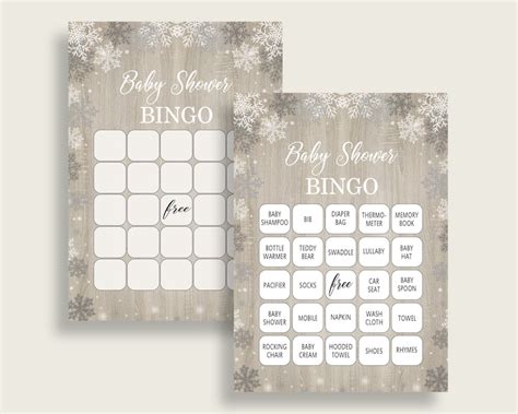 Snowflake Rustic Baby Shower Bingo Cards Printable White Etsy