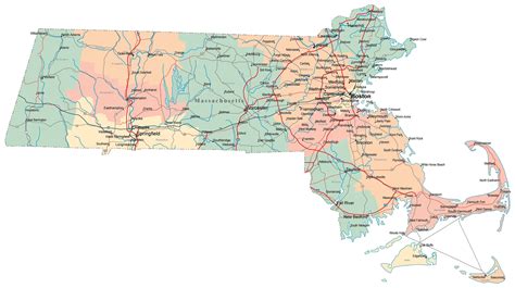 Laminated Map Large Administrative Map Of Massachusetts State With Roads Highways And Cities