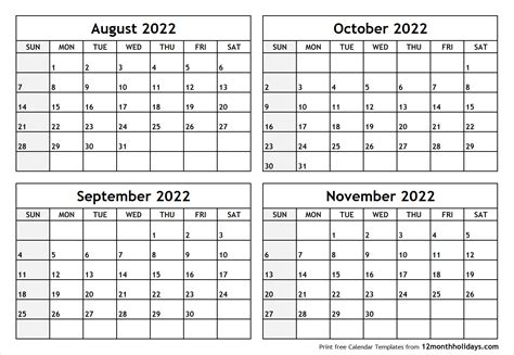 Print Four Month August September October November 2022 Calendar