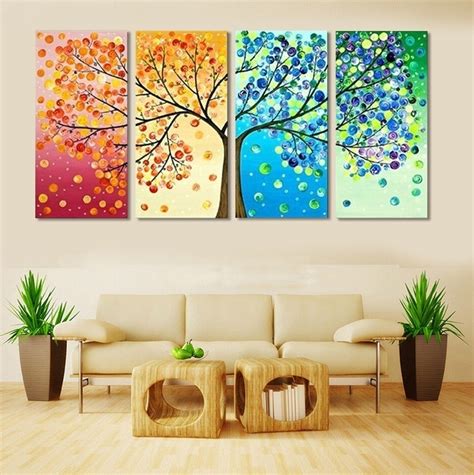 4 Piece Frameless Colourful Leaf Trees Canvas Painting Wall Art Spray