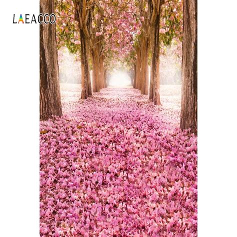 Laeacco Spring Flowers Forest Pathway Scenic Photography Backgrounds