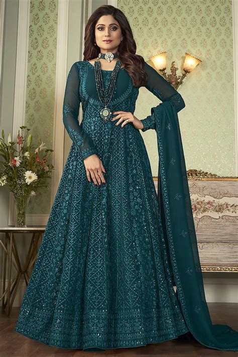 Buy Teal Blue Embroidered Anarkali Suit Online Like A Diva