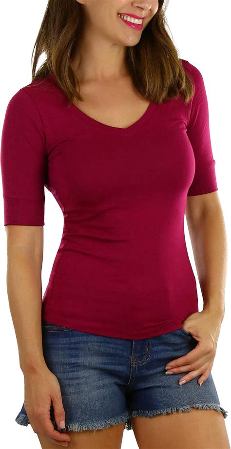 Tobeinstyle Women S Elbow Length Sleeve V Neckline Top Magenta Medium