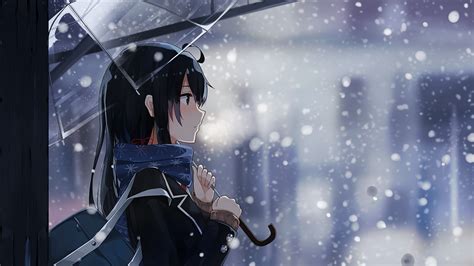 1096012 Anime Anime Girls Snow Winter Umbrella Cold