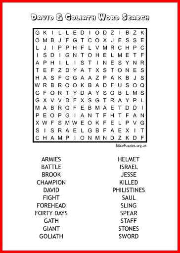 David And Goliath Bible Wordsearch Puzzle