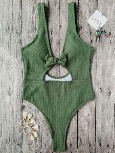44 Off 2018 Bowknot Textured High Cut One Piece Swimsuit In Green S