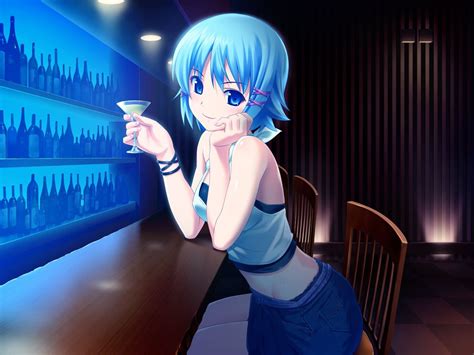 Blue Short Hair Woman Anime Character Holding Martini Glass Hd Wallpaper Wallpaper Flare