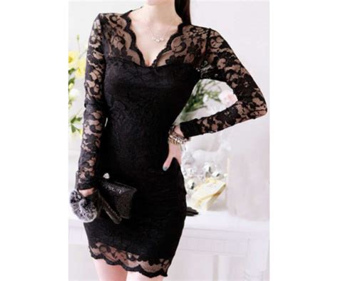Sheath Long Sleeve Black Lace Mini Dress For Woman
