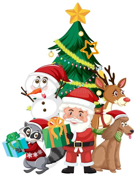 Santa Claus With Snowman And Christmas Tree Stock Vector Illustration