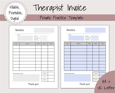 Invoice Template For Therapists Fillable Invoice For Private Etsy