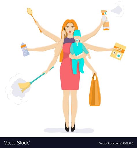 Vector Illustration Of Busy Woman With Baby Super Mom Cleaning