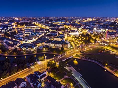 City Of Minsk Skyline At Night Aerial View Stock Image Image Of