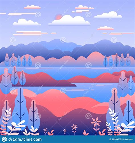 Hills Landscape In Flat Style Design Valley With Lake River Background