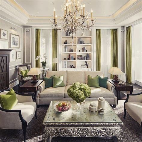 Showcasing This Traditional Style Formal Living Room With Green Drapery