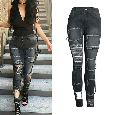 Ripped Patchwork Women Jeans Sexy Fashion High Waist Stretchable Full Length Black Skinny Jeans