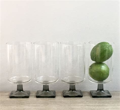 Vintage Cocktail Glasses Clear Glass Footed Gray Square Bases Etsy