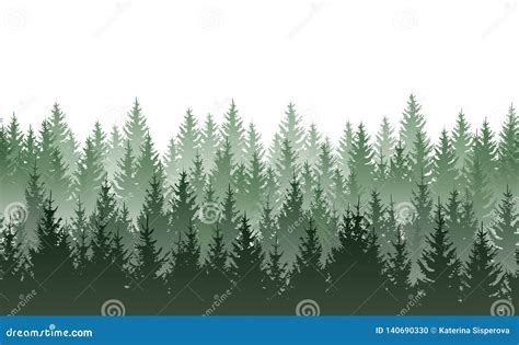 Vector Seamless Green Misty Coniferous Forest Pattern Isolated On White