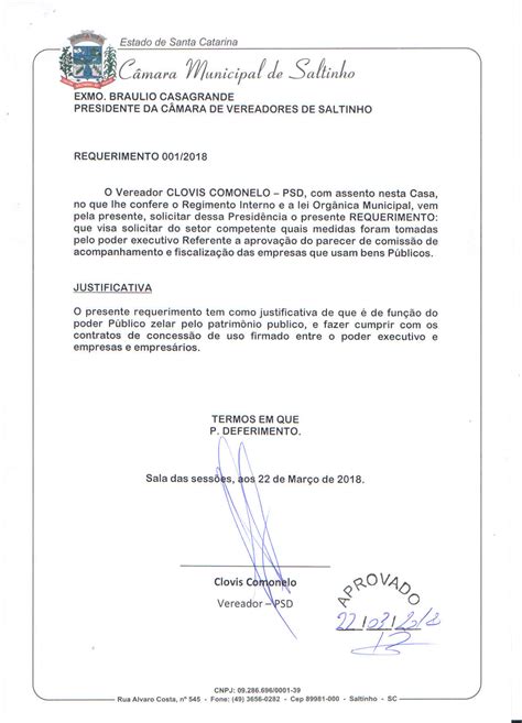 Câmara Municipal De Saltinho Sc Requerimento 0012018