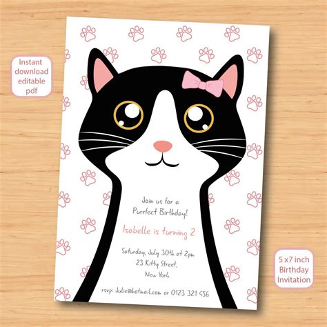 Cat Kitty Kitten Birthday Invitation Self Editable Pdf 5 X 7 Inch
