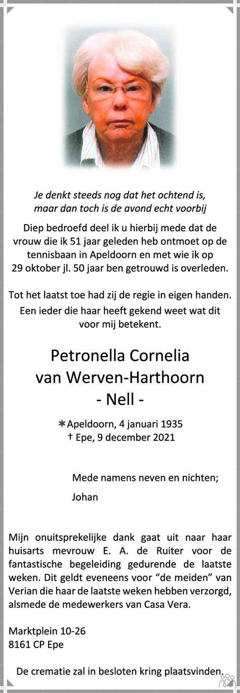 Petronella Cornelia Van Werven Harthoorn Te Epe Is Overleden Oozonl