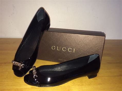 595 Gucci Black Patent Leather Salandia Peep Toe Logo Flats Size 939