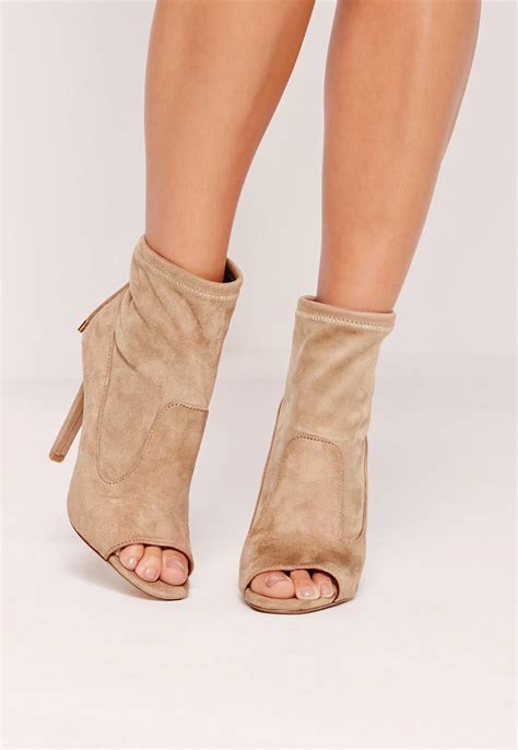 Missguided Nude Faux Suede Peep Toe Heeled Sock Boots In Multicolor Lyst