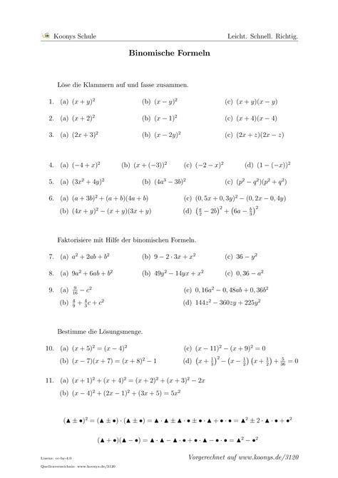 1.lösen sie die folgenden gleichungen. Aufgaben Binomische Formeln mit Lösungen | Koonys Schule #3120