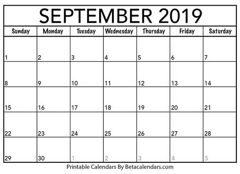 Blank September 2019 Calendar Printable Beta Calendars