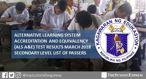 Deped Als Aande Test Result March 2018 Secondary The Summit Express