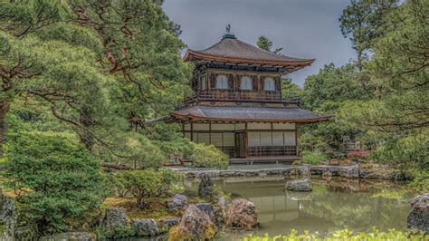 Image Kyoto Japan Hdr Nature Pond Pagodas Temple Trees 1366x768
