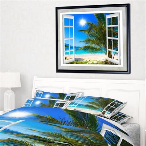 Designart Window Open To Beach With Palm Extra Large Seashore Framed