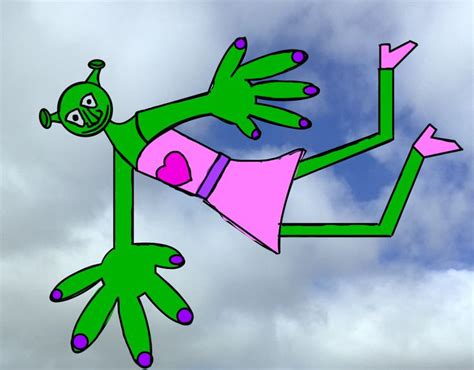 A Green And Pink Frog Kite Flying In The Sky With Its Arms Outstretched