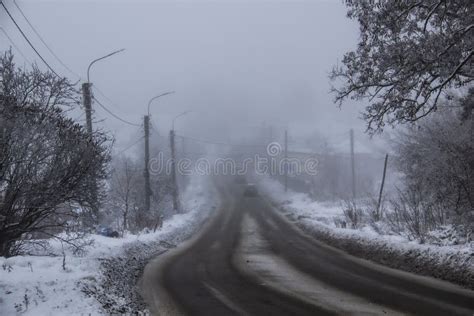 A Foggy Way In The Road Winter Day Snow On The Road Stock Image