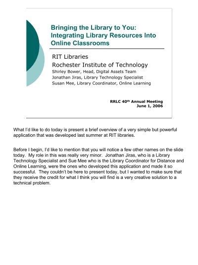 Integrating Library Resources Into Online Classrooms Rit Libraries