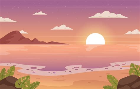 Beach Sunset Cartoon Scenery Background Vector Art At Vecteezy