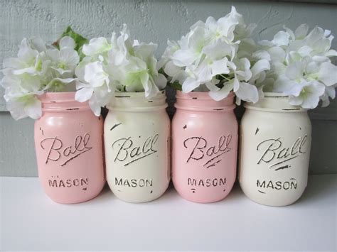 Painted And Distressed Ball Mason Jars Pale Pink And