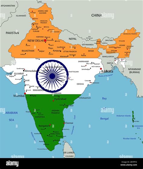 India Mappa Politica Molto Dettagliata Con Bandiera Nazionale Immagine