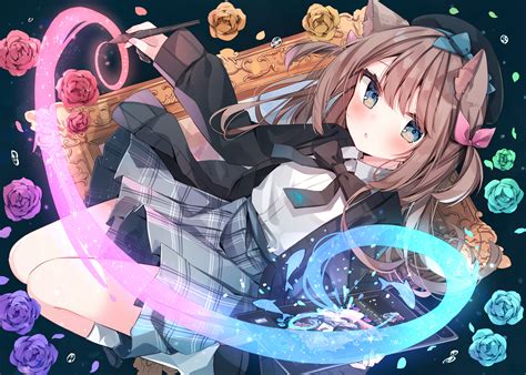 Anime Anime Girls Brunette Blue Eyes Cat Girl Cat Ears Flowers Picture Frames Looking At Viewer