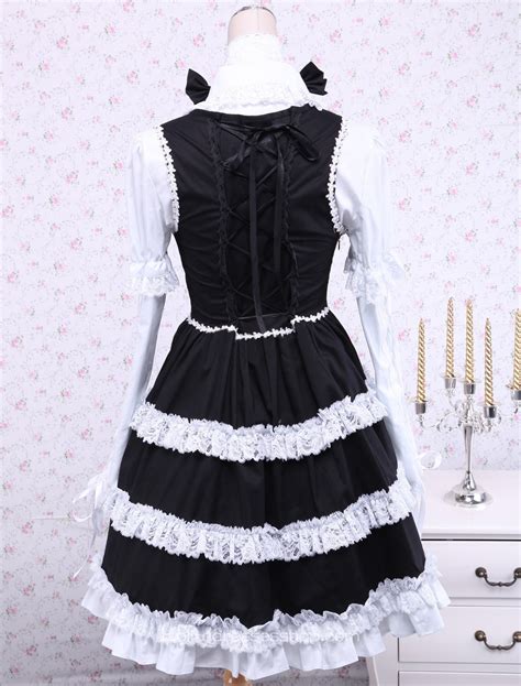 Cheap Black And White Cotton Long Sleeves Lace Trim Bow Gothic Lolita