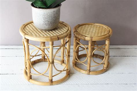 2 Boho Plant Stands Bamboo Rattan 60s Small Vintage Side Tables Round