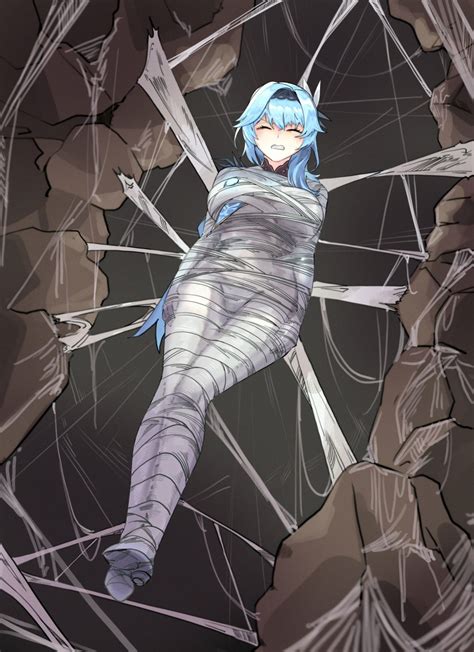 Rule 34 1girls Blue Hair Bondage Bound Breasts Cave Clenched Teeth Closed Eyes Cocoon Eula