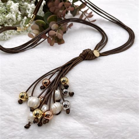 Brown Cord Necklace Lariat Necklace Beaded Pearl Lariat Necklace