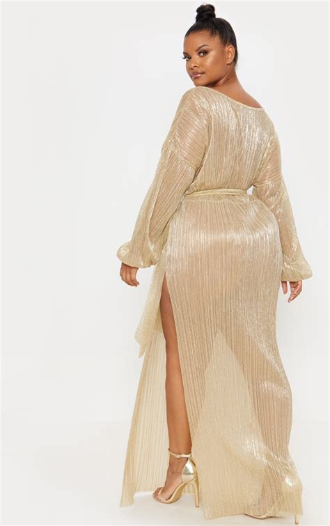 Plus Gold Metallic Pleated Maxi Dress Prettylittlething Usa