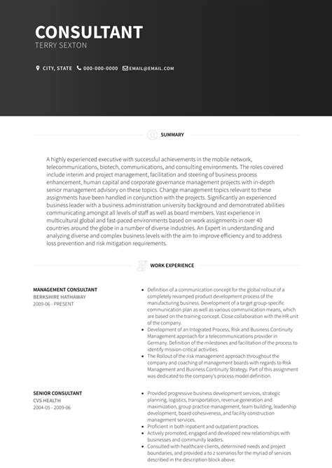 To get started on your own, review the following consultant cv example and included writing tips. Consulting - Resume Samples and Templates | VisualCV