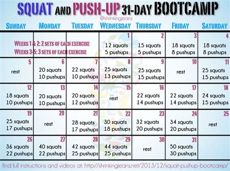 Squat And Push Up 31 Day Bootcamp A Monthly Workout Calendar Month