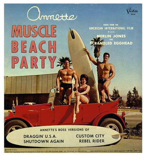 An Advertisement For Muscle Beach Party Featuring Three Men In Bathing Suits And One Holding A