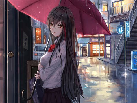 1024x768 Anime Girl Rain Umbrella Looking At Viewer 1024x768 Resolution