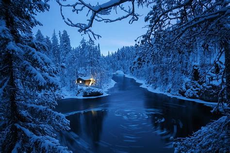 Winter River Forest House River Finland Trees Hd Wallpaper Peakpx
