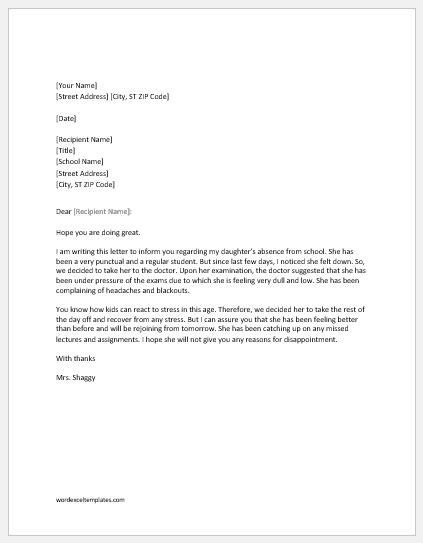 Absence Excuse Letters To School Word And Excel Templates